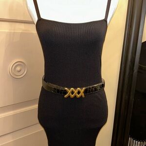 VINTAGE “XXX HUGS” black croco belt large gold buckle some wear